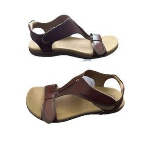 Taos is Sandals Womens 10 The Show Casual TStrap Slingback Flats Brown Leather